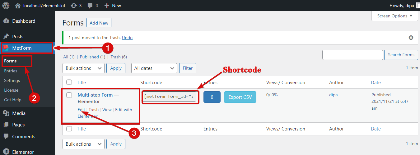 Gå til MetForm-indstillinger for at redigere og finde shortcode
