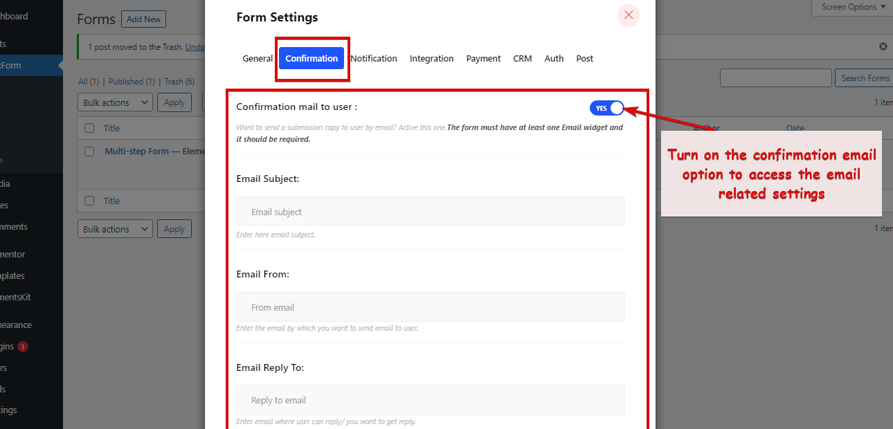 MetForm confirmation settings