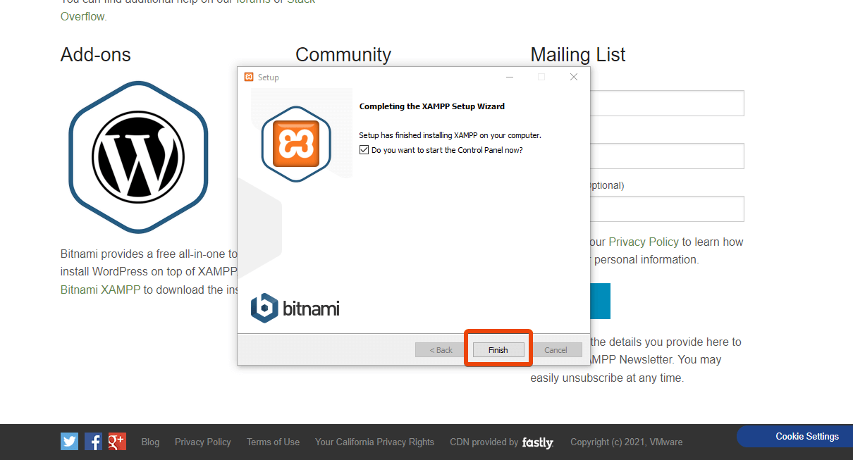 finish installation of xampp