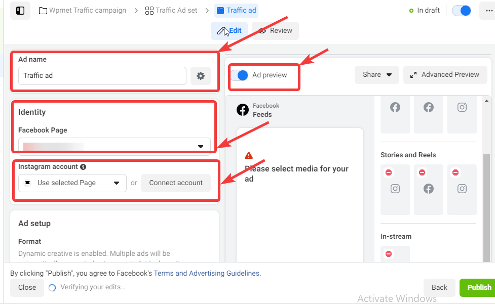 Ad name and fb page settings run a facebook ads campaign
