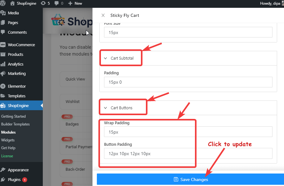 cart button and cart subtotal settings of Sticky Fly Cart by ShopEngine