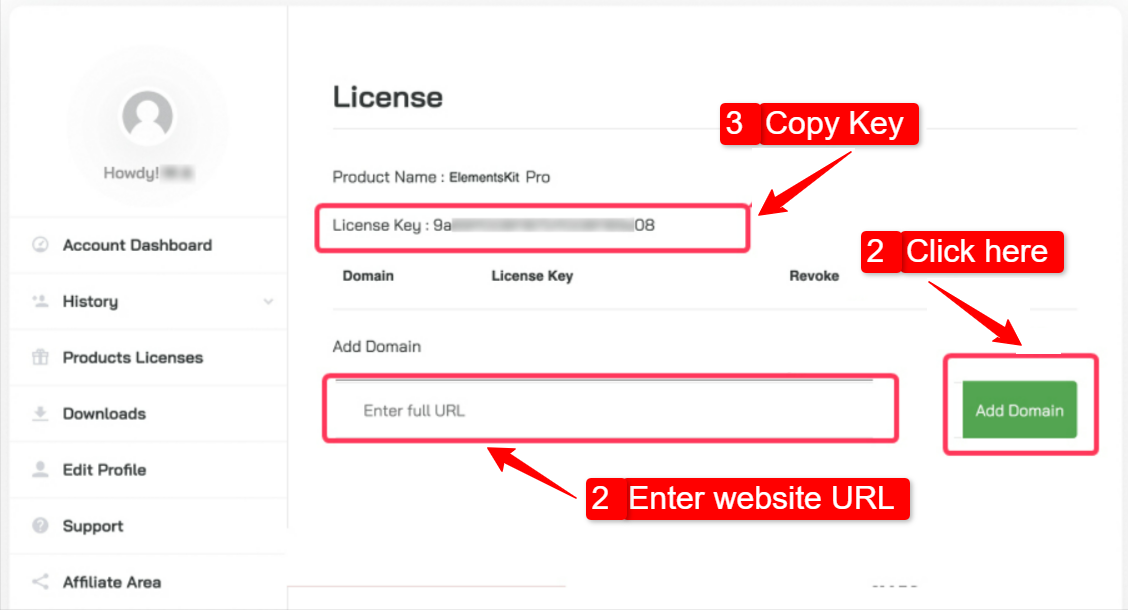 Add-domain-copy-key ElementsKit pro