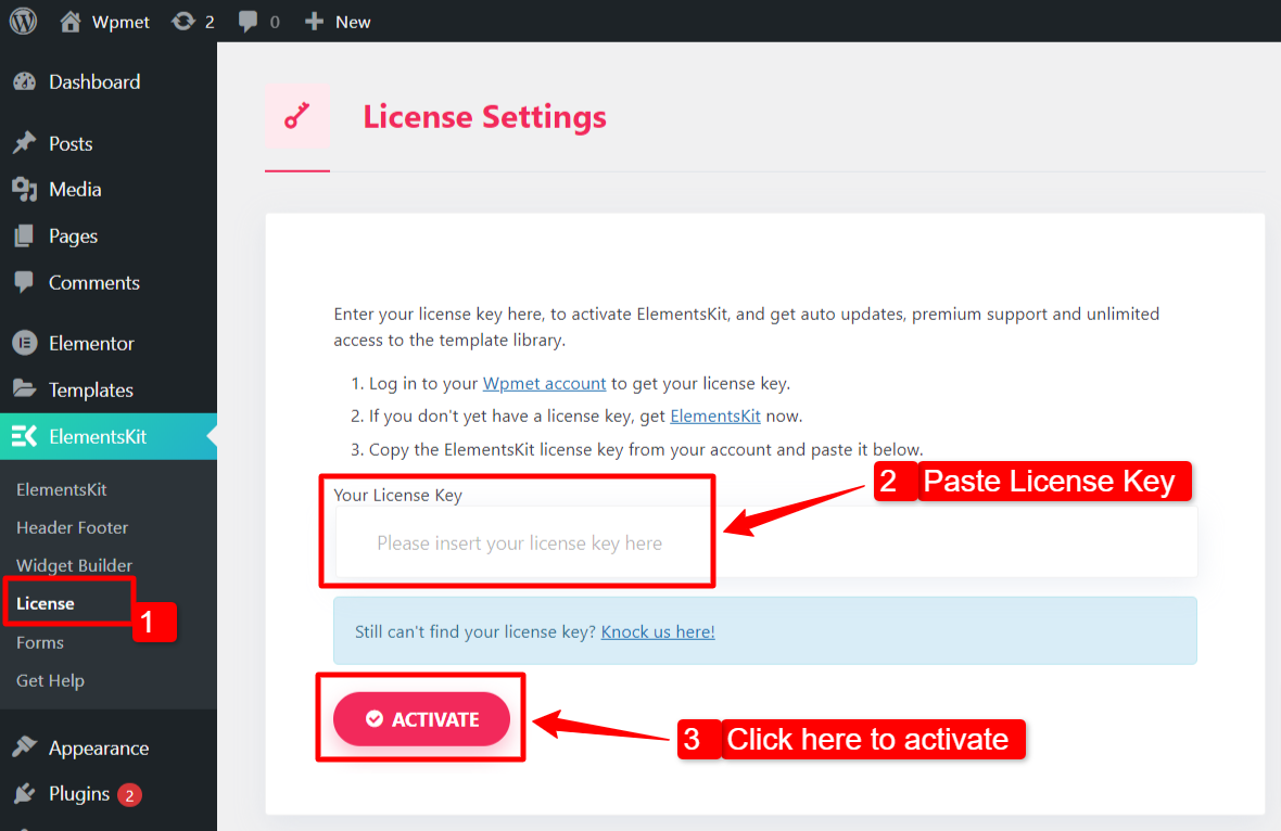 how to activate ElementsKit license key on WordPress website