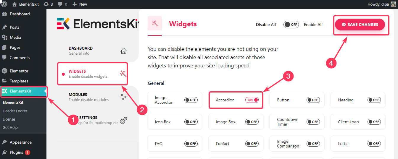 How to turn on ElementsKit Widget