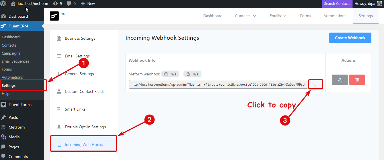 copy incoming webhooks FluentCRM  Integrate FluentCRM With MetForm 