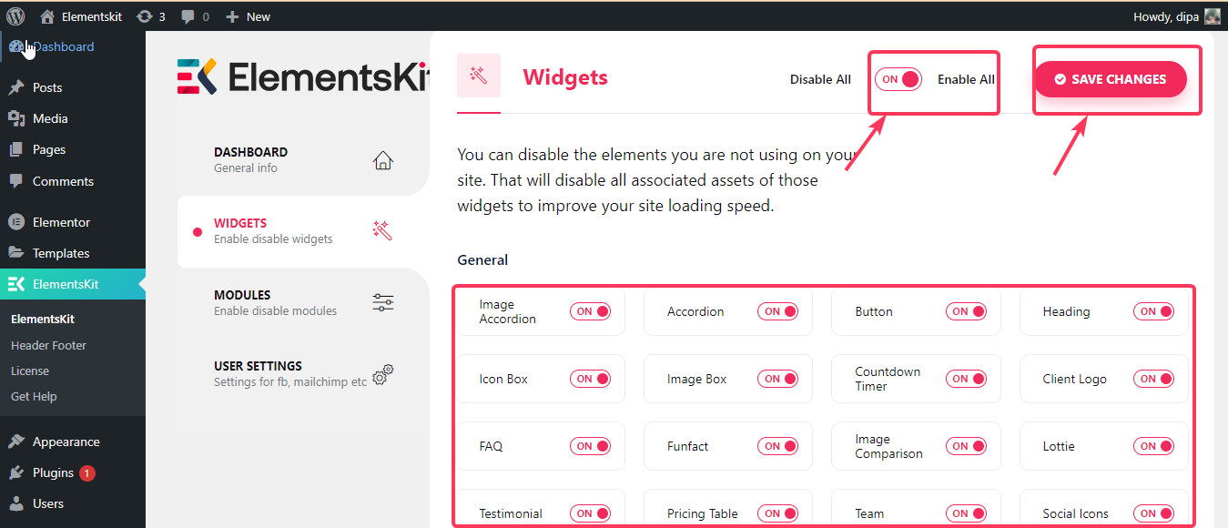 turn on all widgets ElementsKit Settings