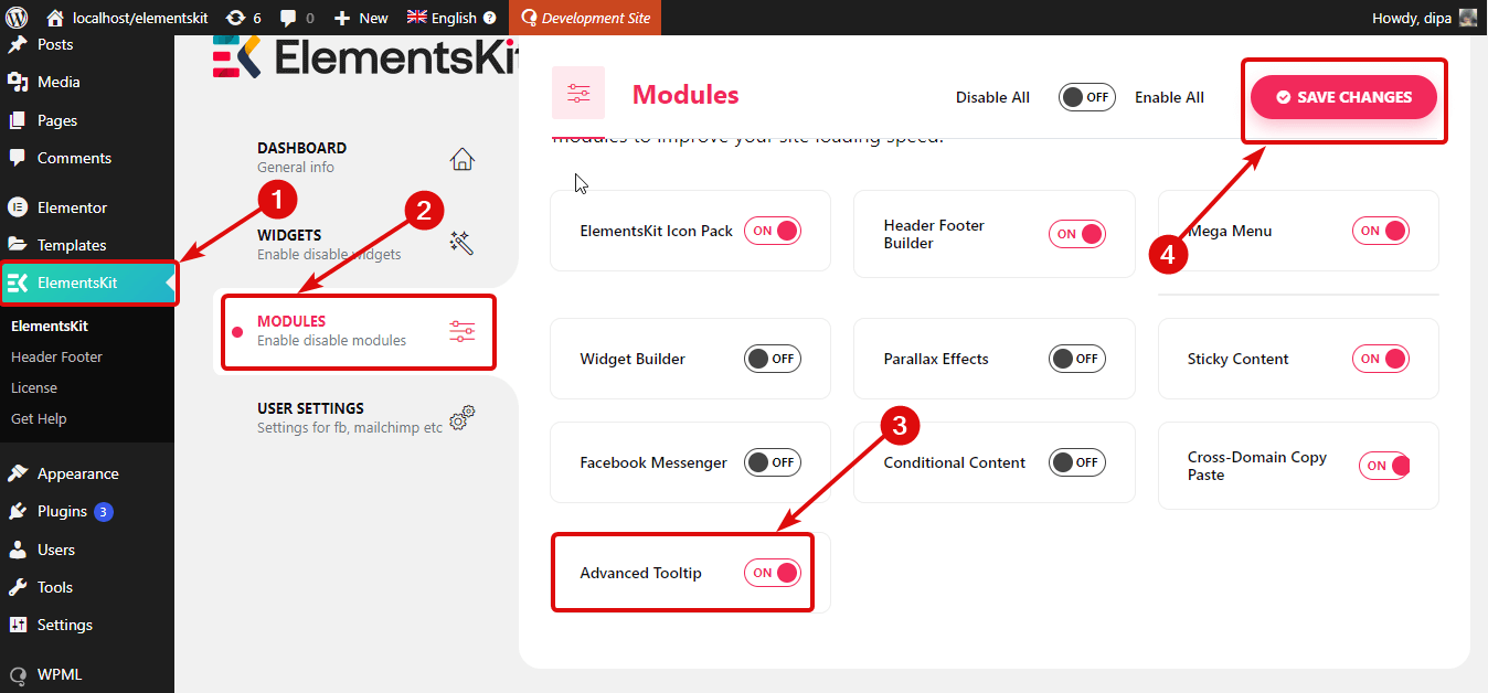 Enable ElementsKit Advanced Tooltip module to add tooltip to Elementor website