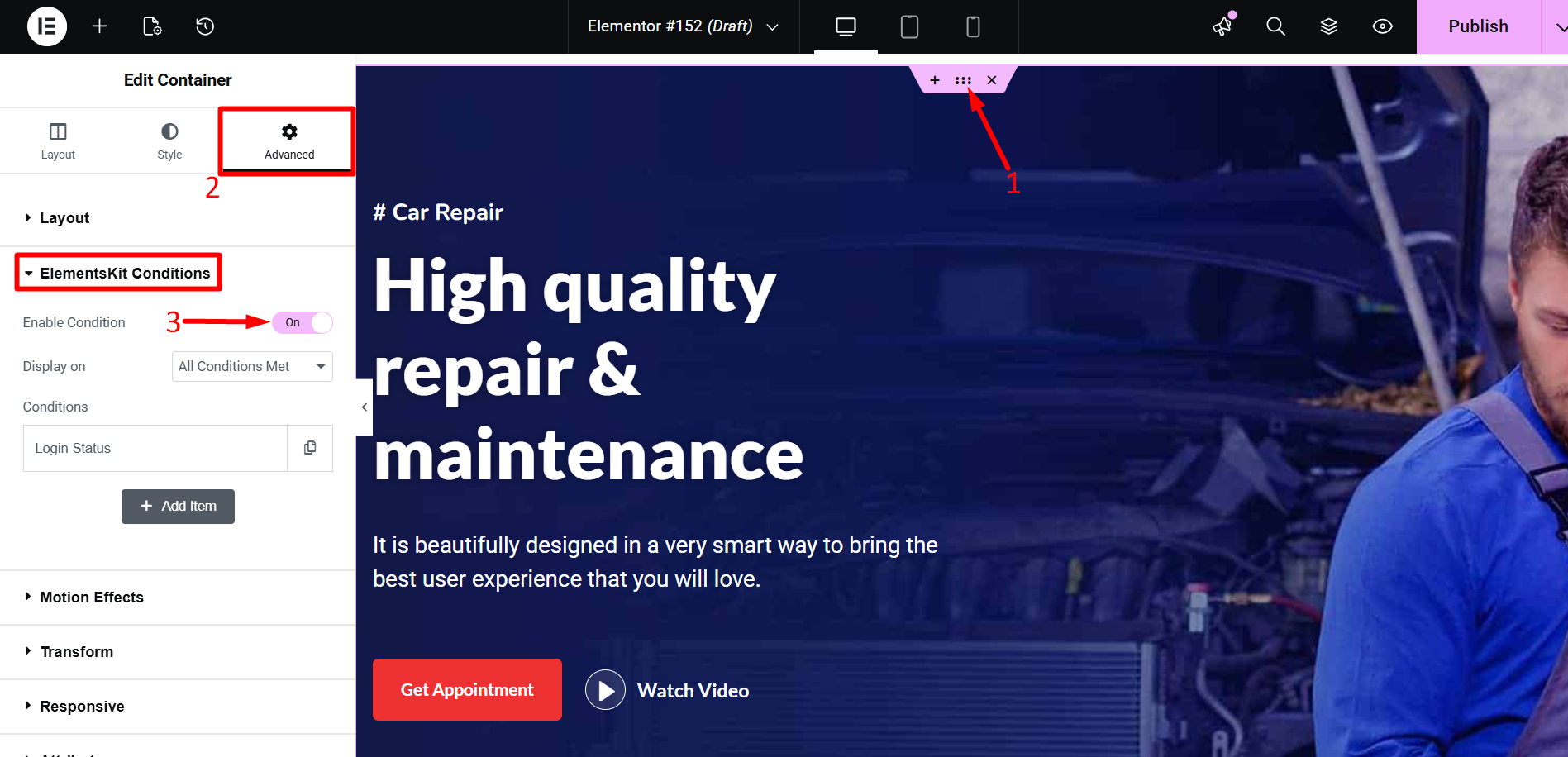 włącz zawartość warunkową ElementsKit dla sekcji wewnętrznej