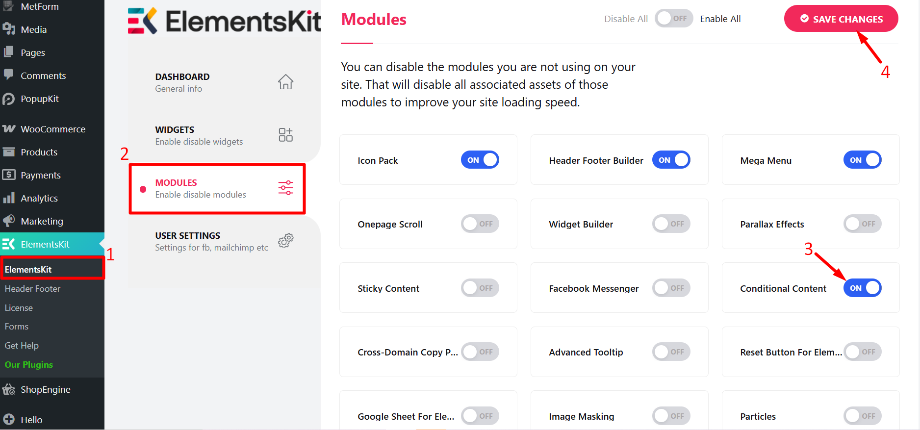 Enable ElementsKit Conditional Content module