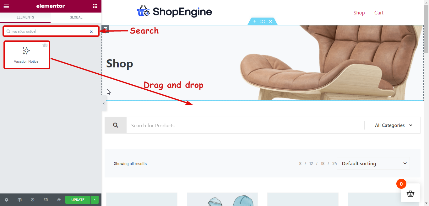 Search and Add shopEngine vacation widget to shop template