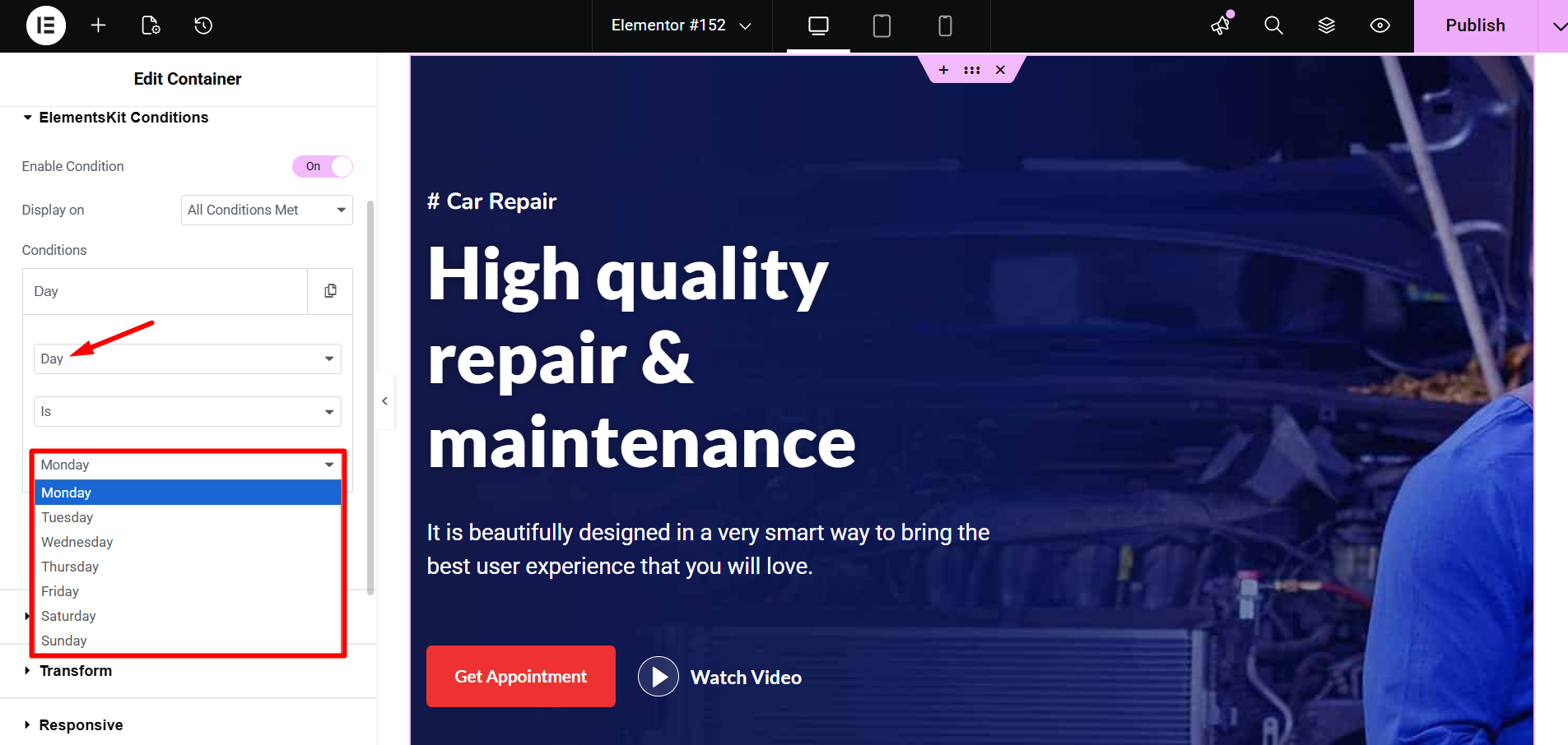 You will find value options relevant to the action you choose from the first dropdown