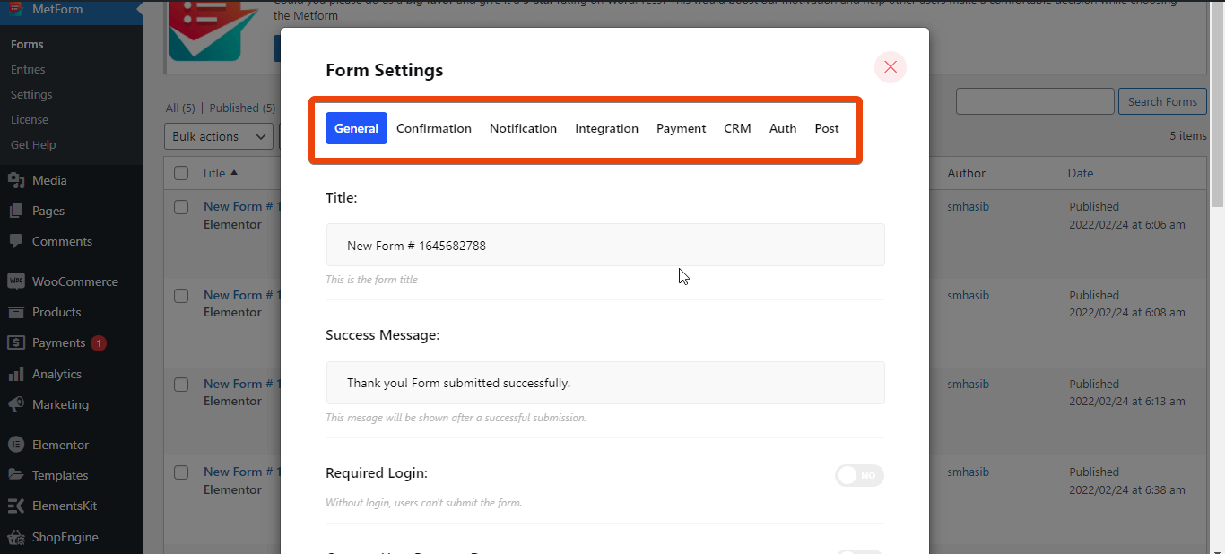all the settings of form builder MetForm