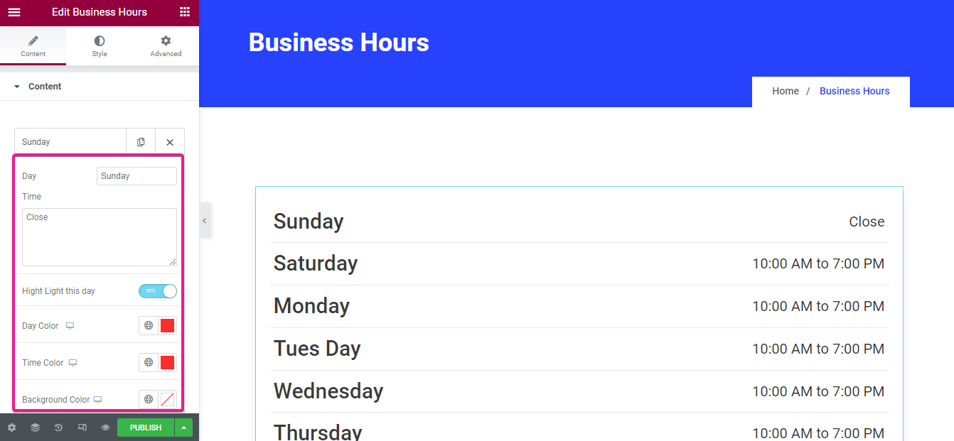 Edit the content to add business opening hours to WordPress with ElementsKit