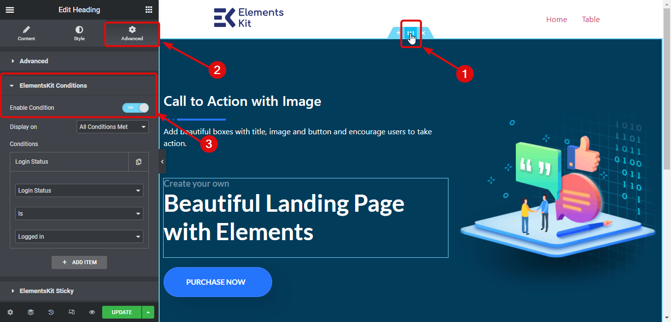 activer le contenu conditionnel ElementsKit pour une section interne