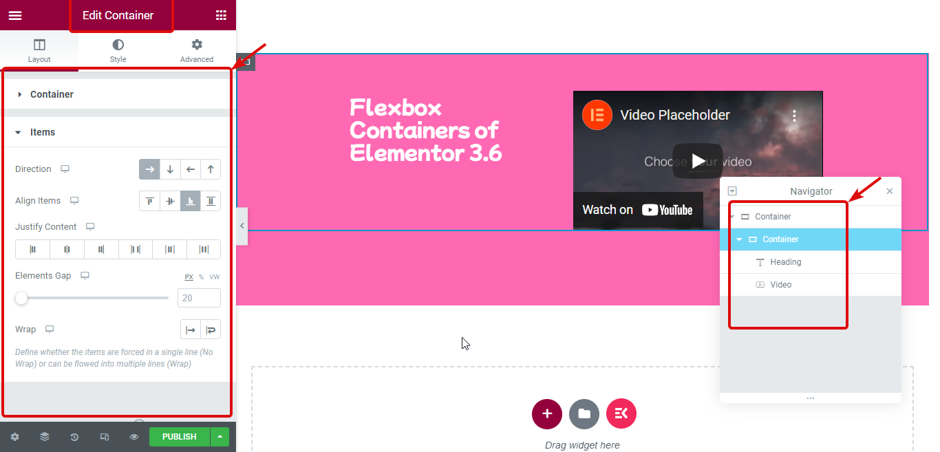 flexbox-behållare Elementor 3.6 Review