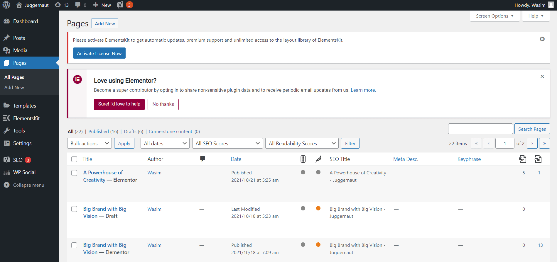 Ouvrez n'importe quelle page dans la fenêtre Elementor pour créer des boutons créatifs dans WordPress