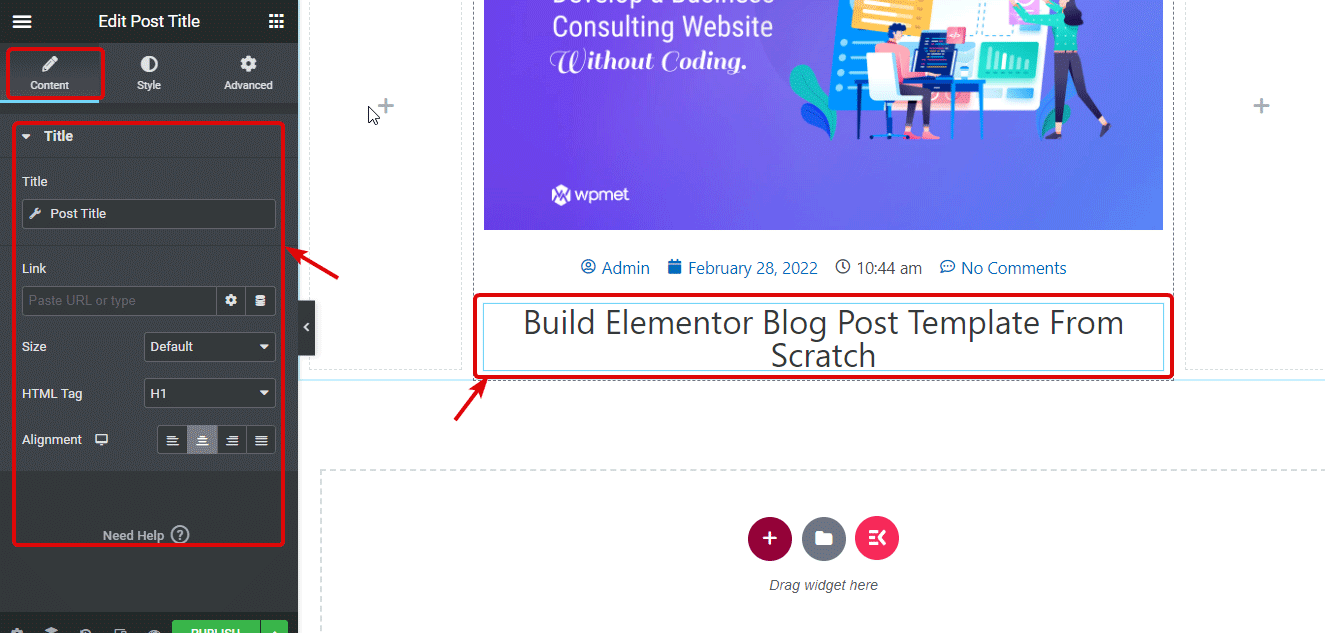 post title content Settings custom Elementor blog post