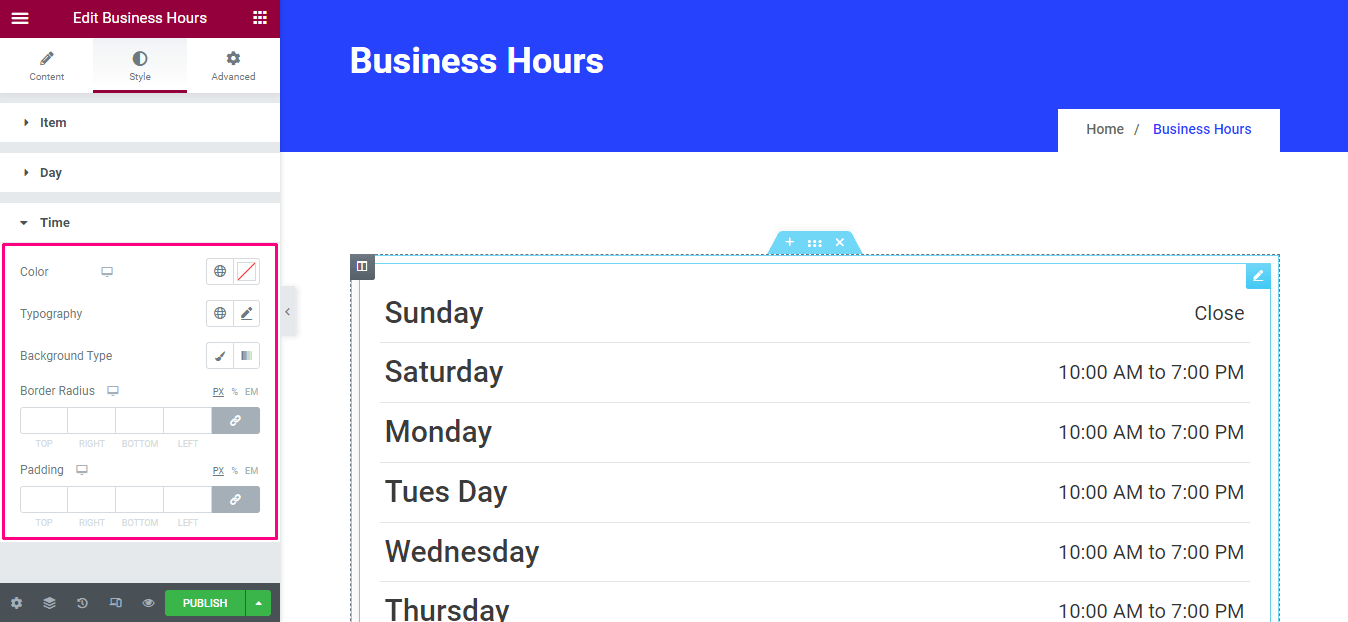 Styling time of business hours with ElementsKit's business hours widget
