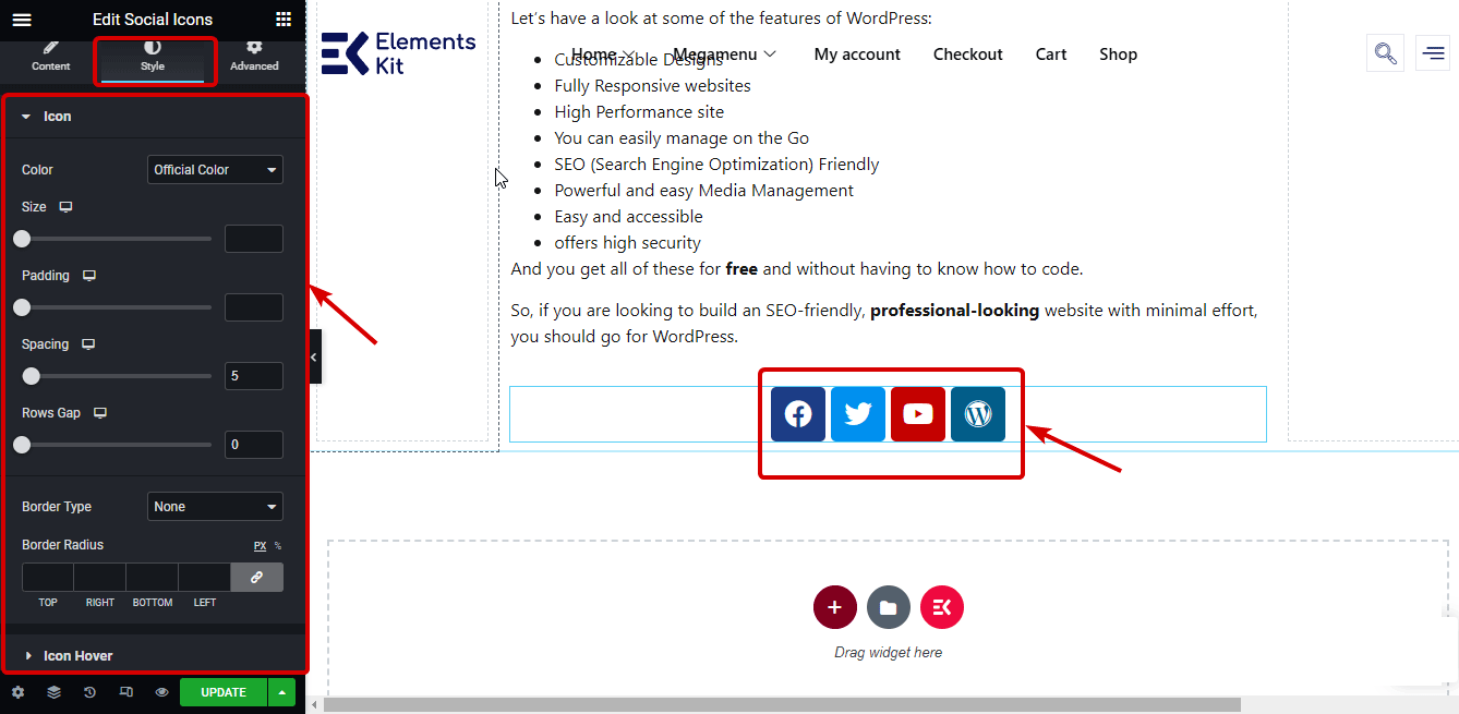 Elementor Social Icons settings style settings