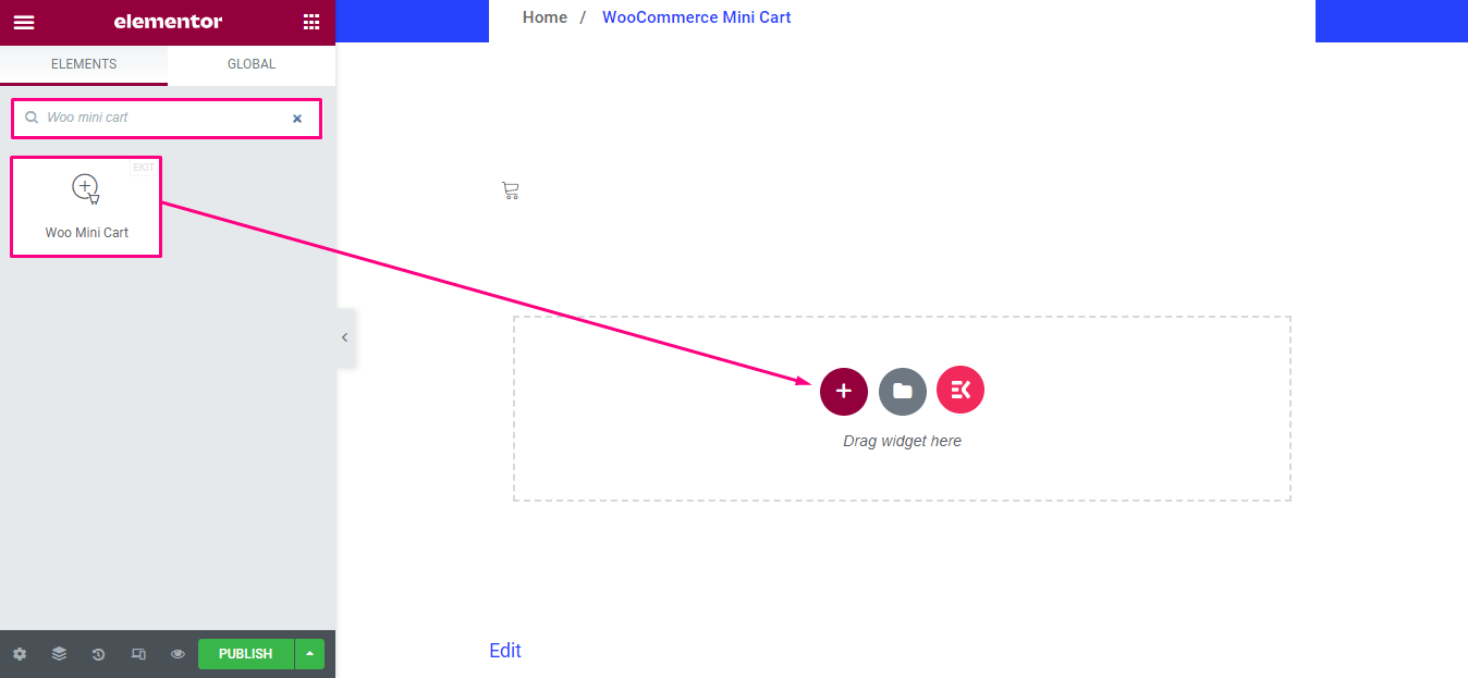 Trascinando e rilasciando il widget del mini carrello Woo di ElementsKit