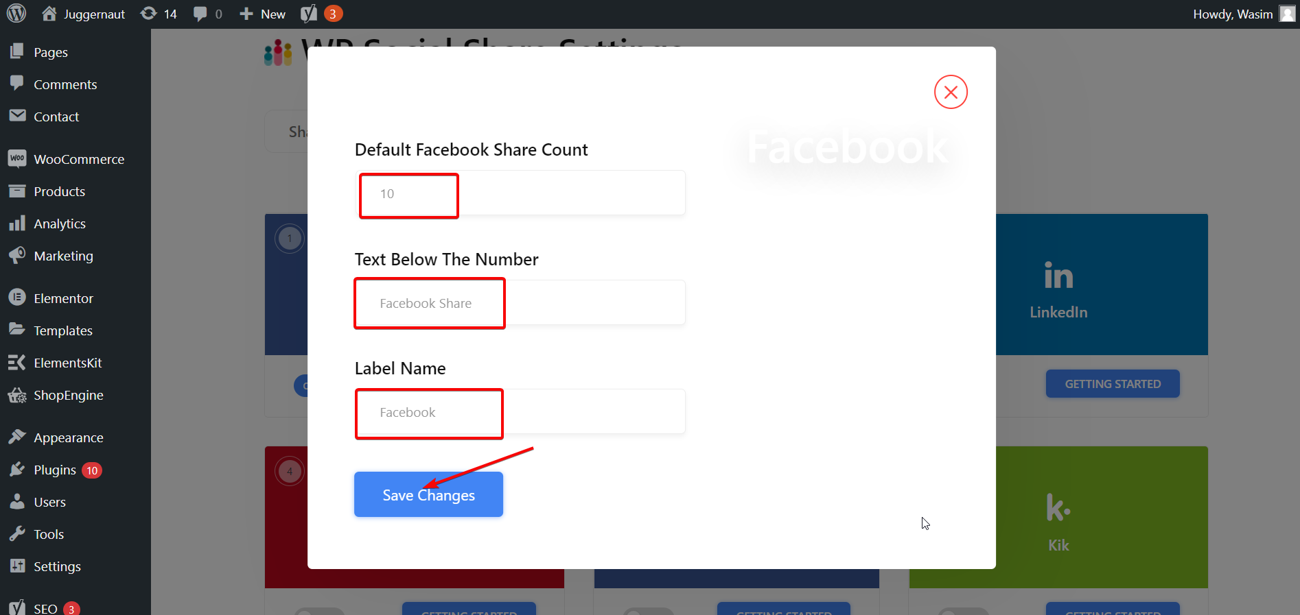 Set the Facebook fields with the necessary data