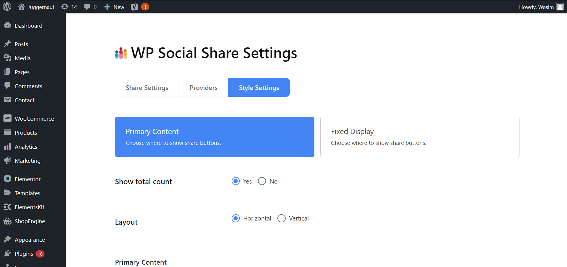 Switch to the Style Settings tab and view share button positioning options