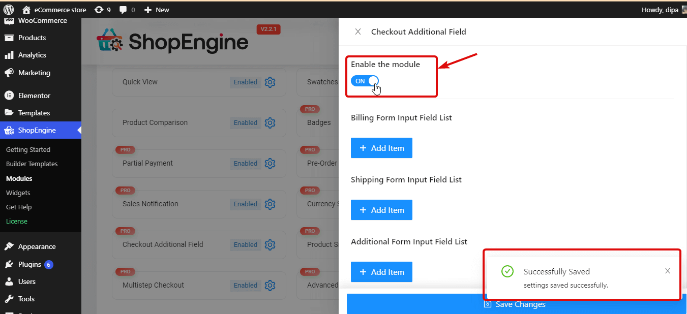 turn on additional check out fields module of ShopEngine