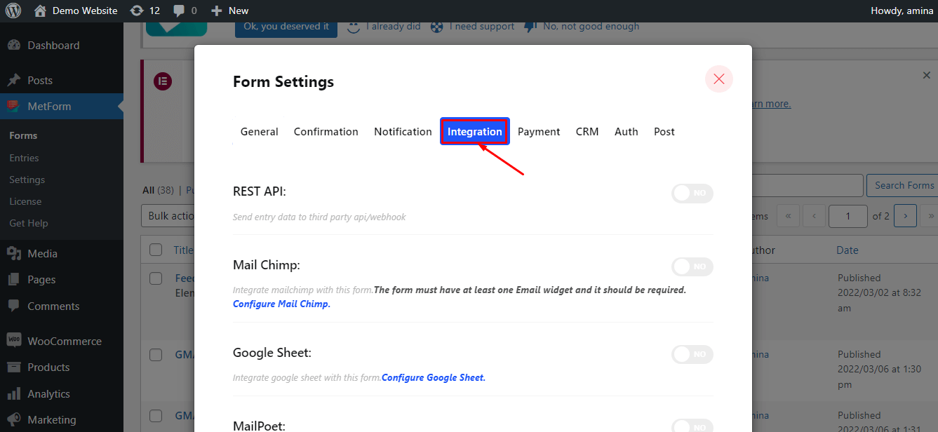 Form settings for Twilio integration