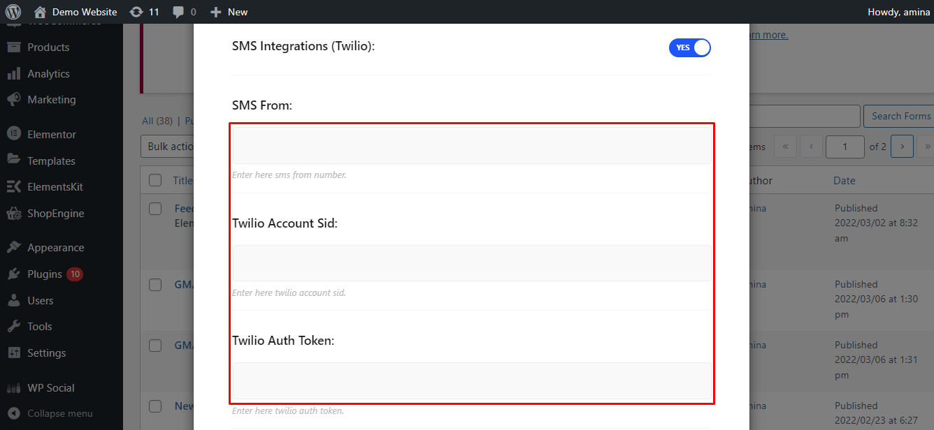 Setting for MetForm's Twilio integration