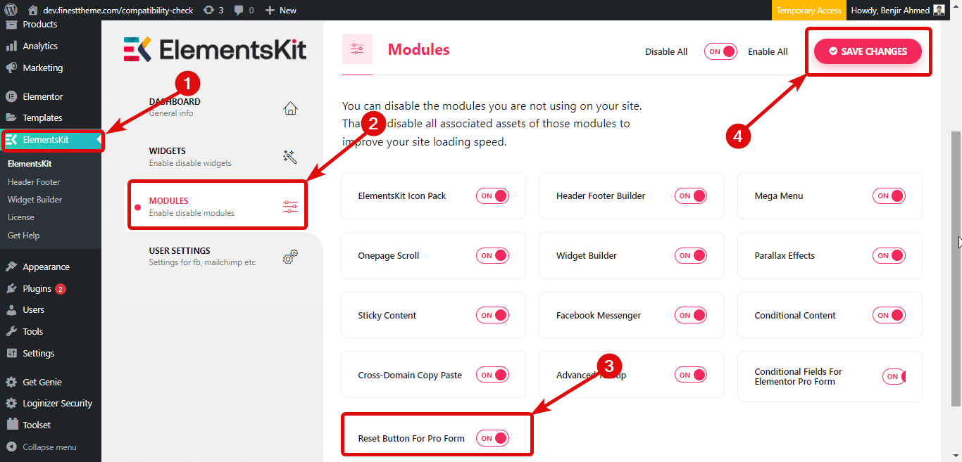 Enable reset button for elementor pro forms