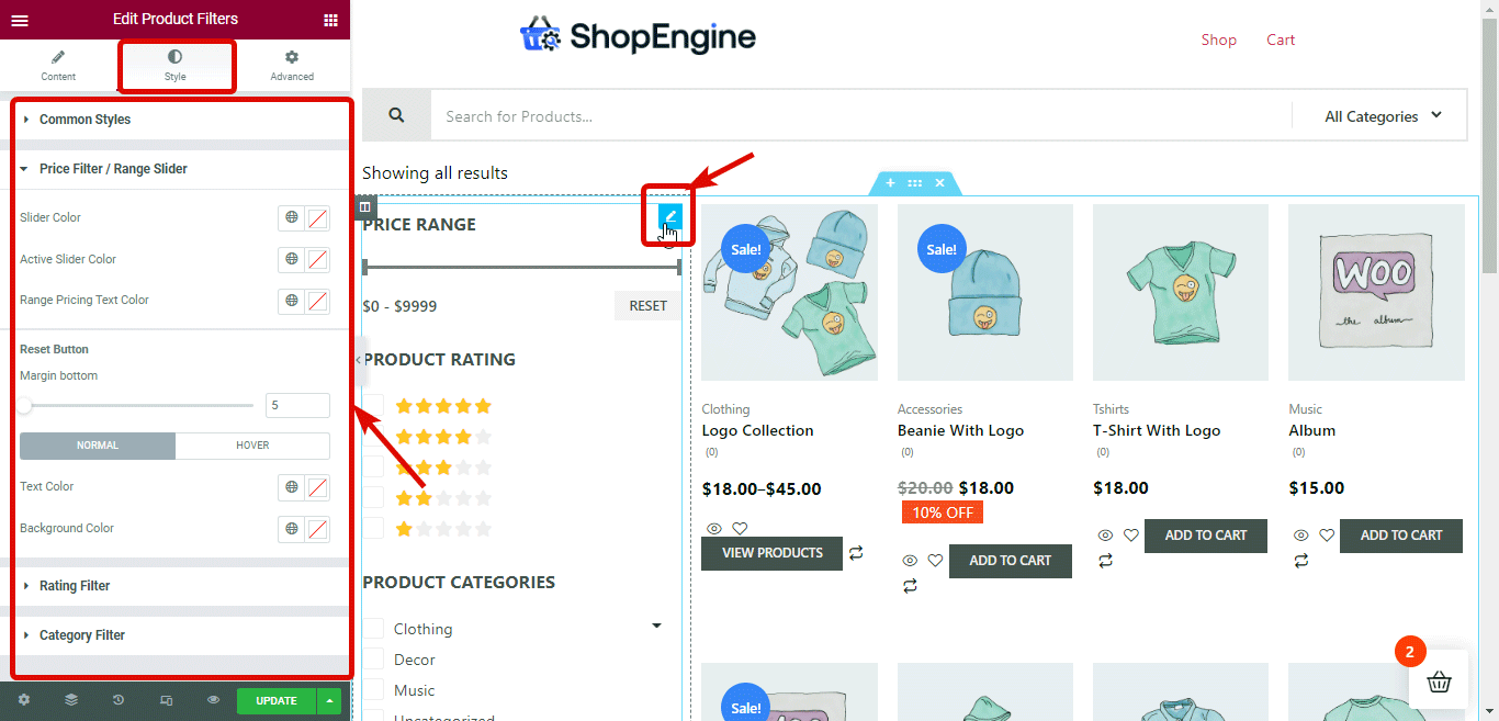 Product filter style settings style settings