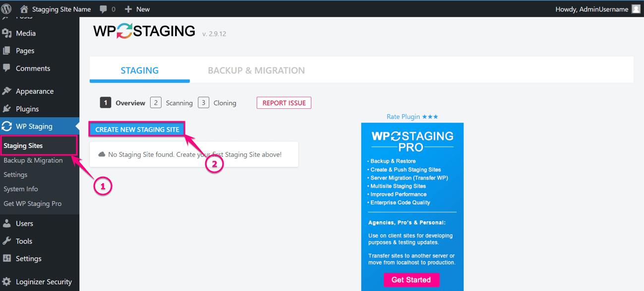 WordPress staging site creation with WP staging plugin