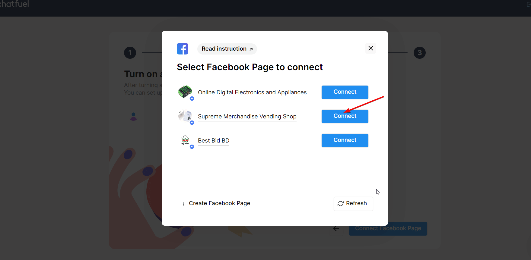 Select your Facebook page