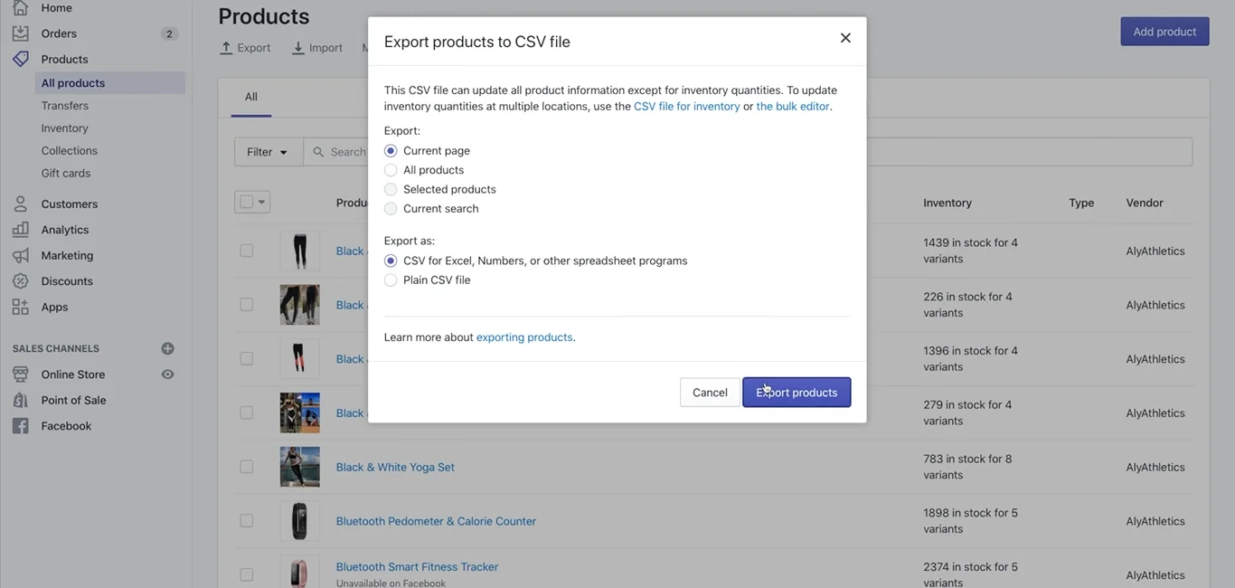 exportar produtos do Shopify