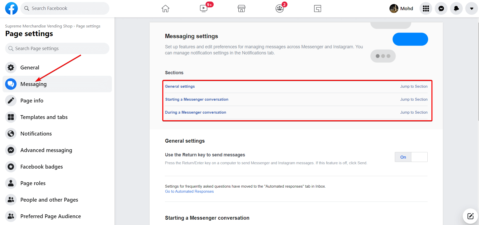 Click the Messaging Option for Facebook Messenger Chatbot