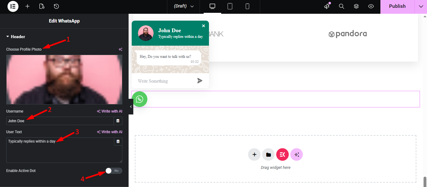 Customize header of WhatsApp widget