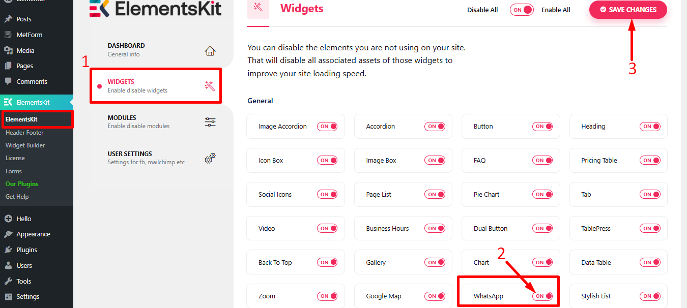Find WhatsApp widget and enable it