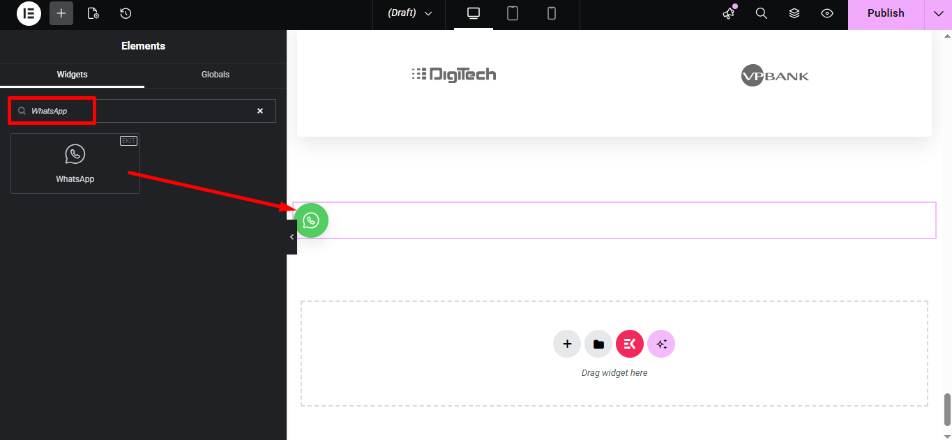 Search and drag and drop WhatsApp widget
