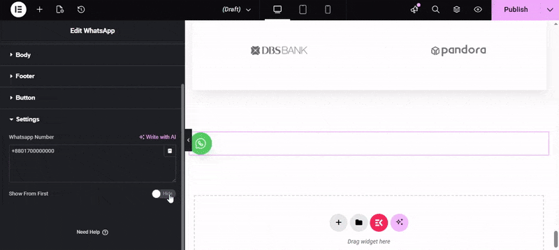 Settings of WhatsApp widget