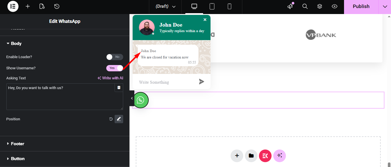 Show username of the WhatsApp button