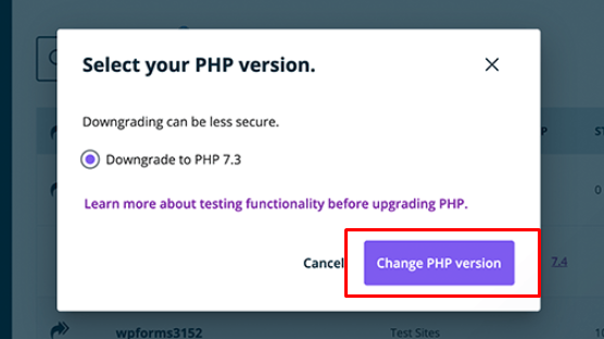 How to update the PHP version in WordPress using wpengine  