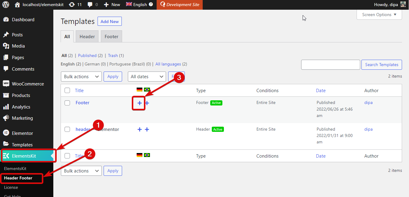 translate ElementsKit header footer with WPML