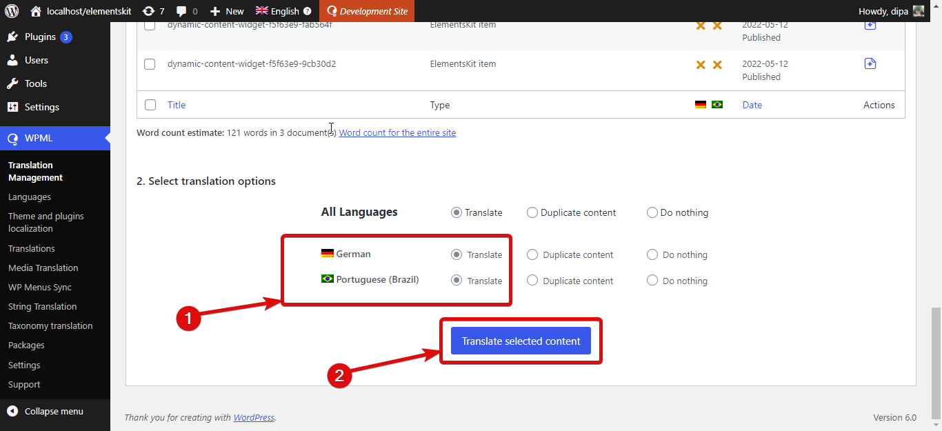 select languages for translation with wpml