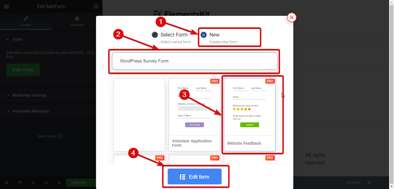 use Metform survey form WordPress plugin to create WordPress survey from using premade temaplte
