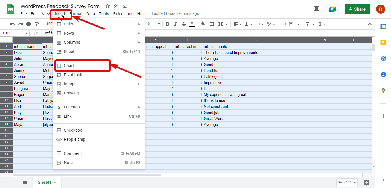 navigate to google sheet chart to create elementor survey form reports