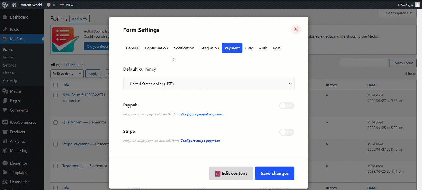 Add stripe to WordPress easily with the help of MetForm.