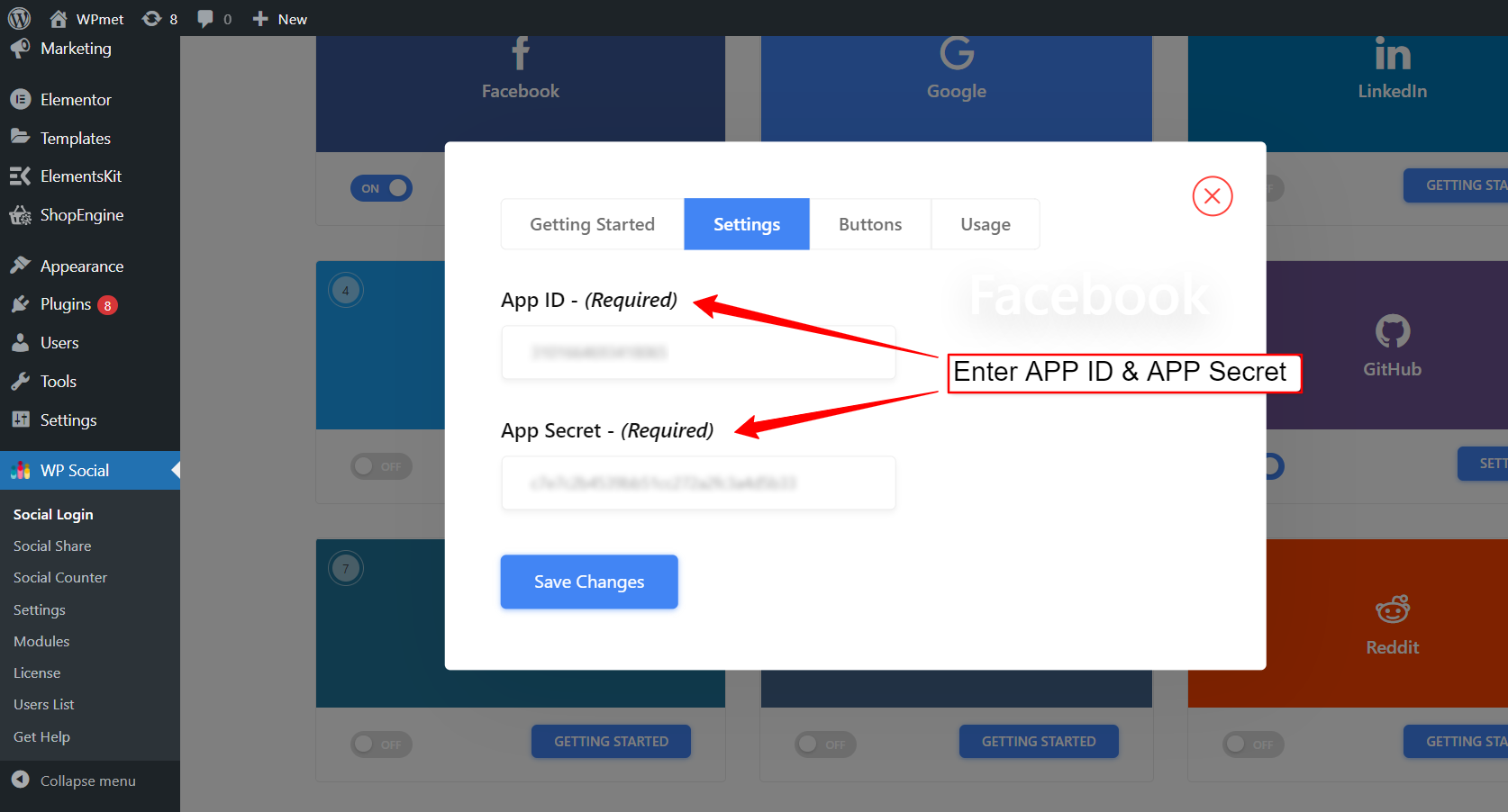 Inserisci le credenziali dell'APP per integrare l'accesso a Facebook di WordPress