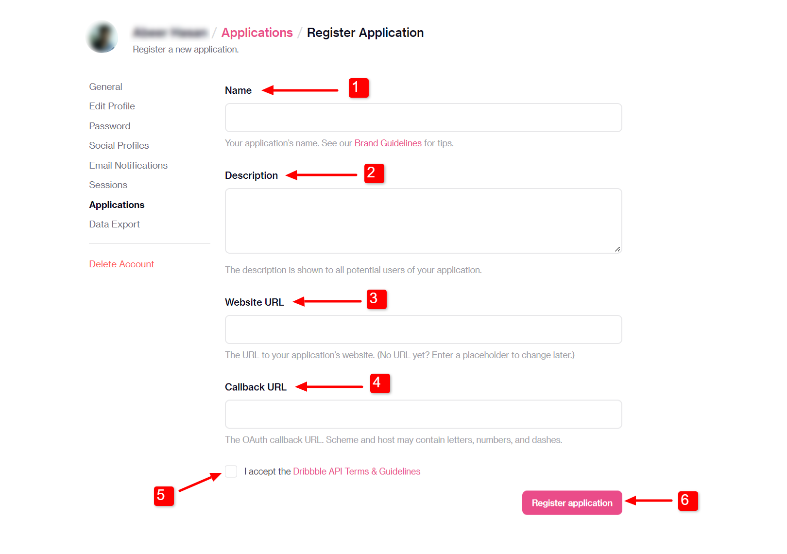 Dribble App registration for WP social login