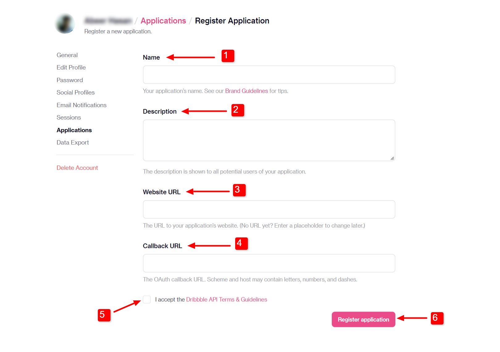 Registrazione dell'app Dribble per l'accesso social WP