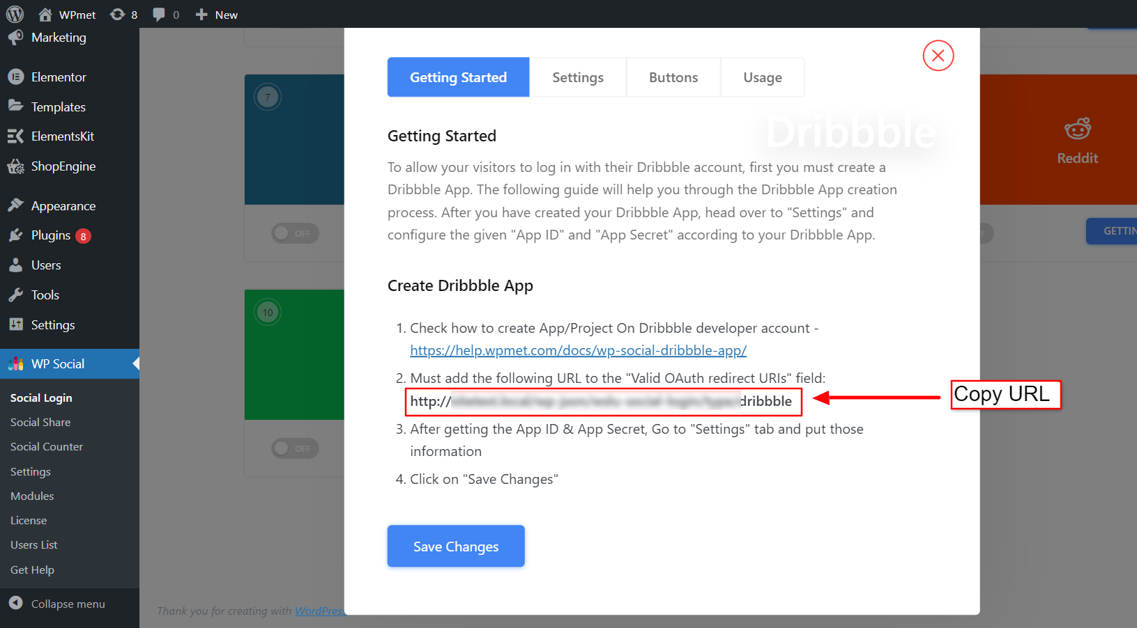 Get Dribble Callback URL for WP Social